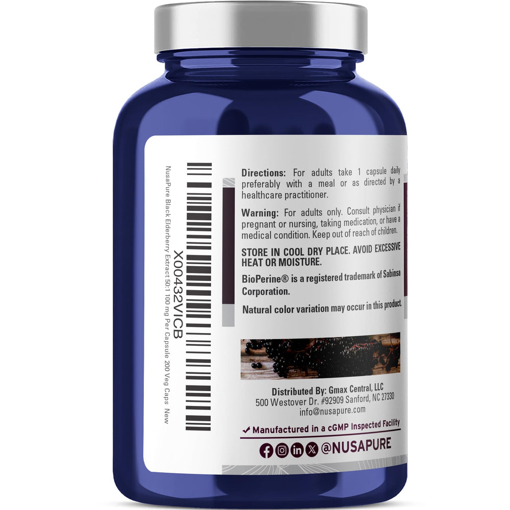 NusaPure vegan, non-GMO elderberry capsules, 200-count