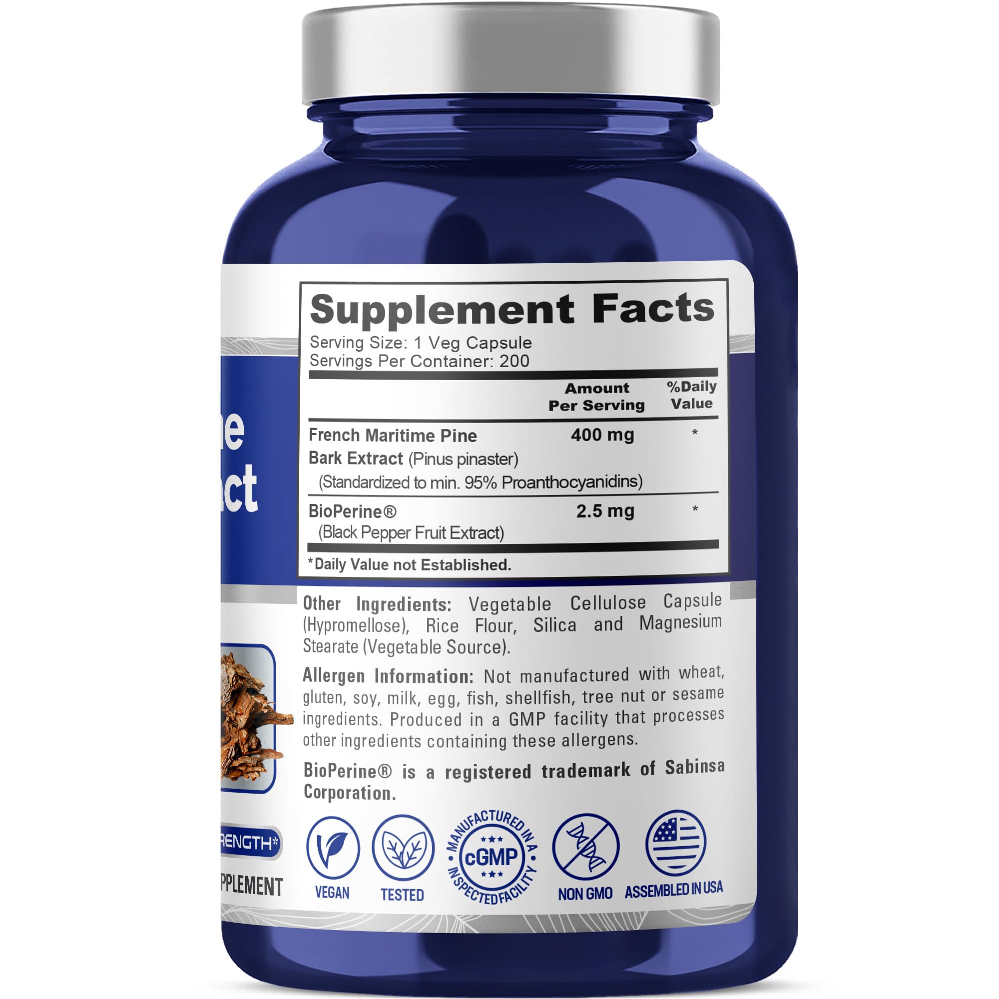 Close-up view of a 400mg pine bark extract capsule