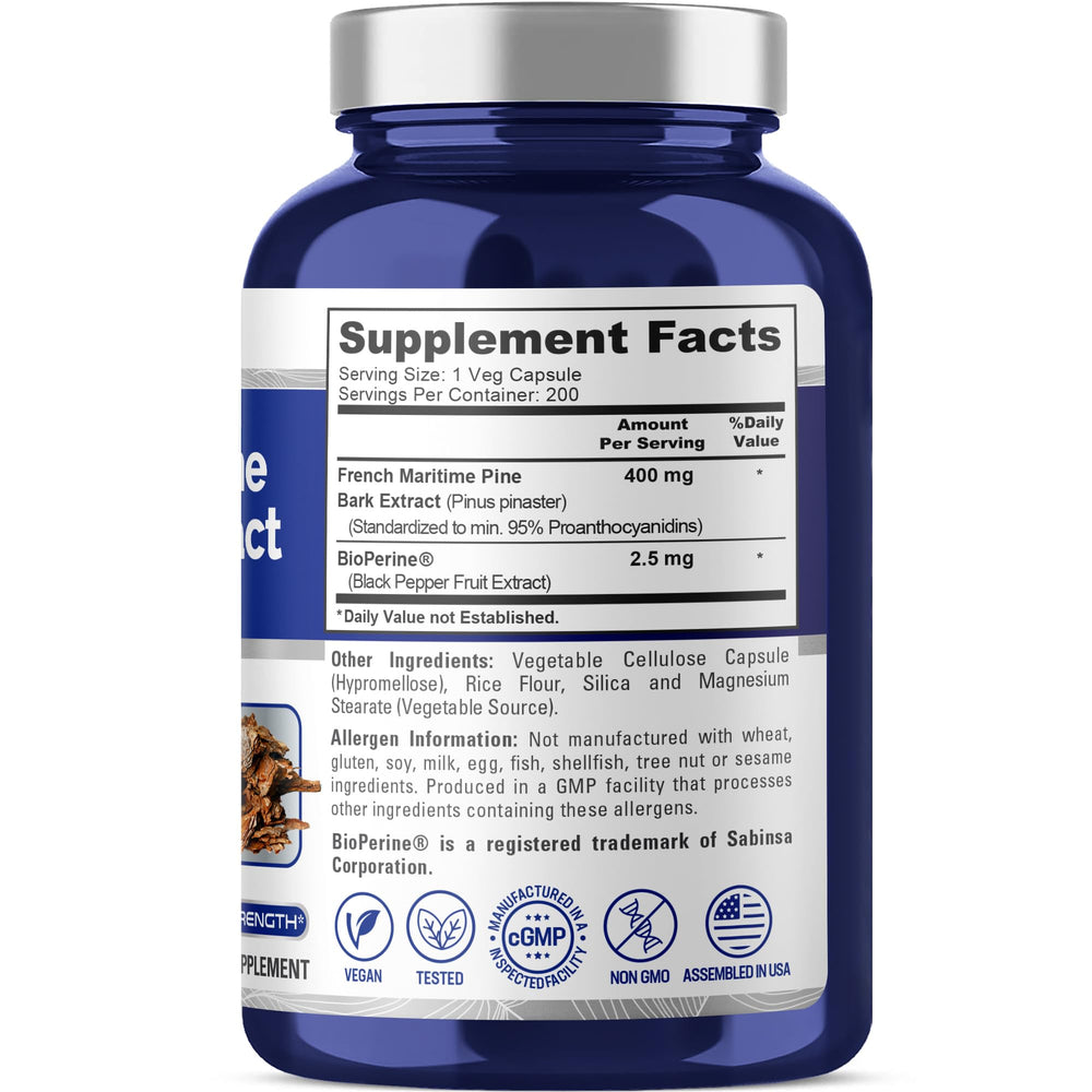 Close-up view of a 400mg pine bark extract capsule