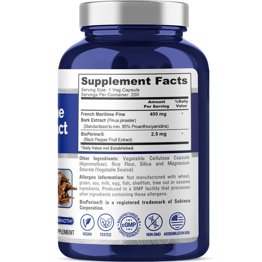 Close-up view of a 400mg pine bark extract capsule