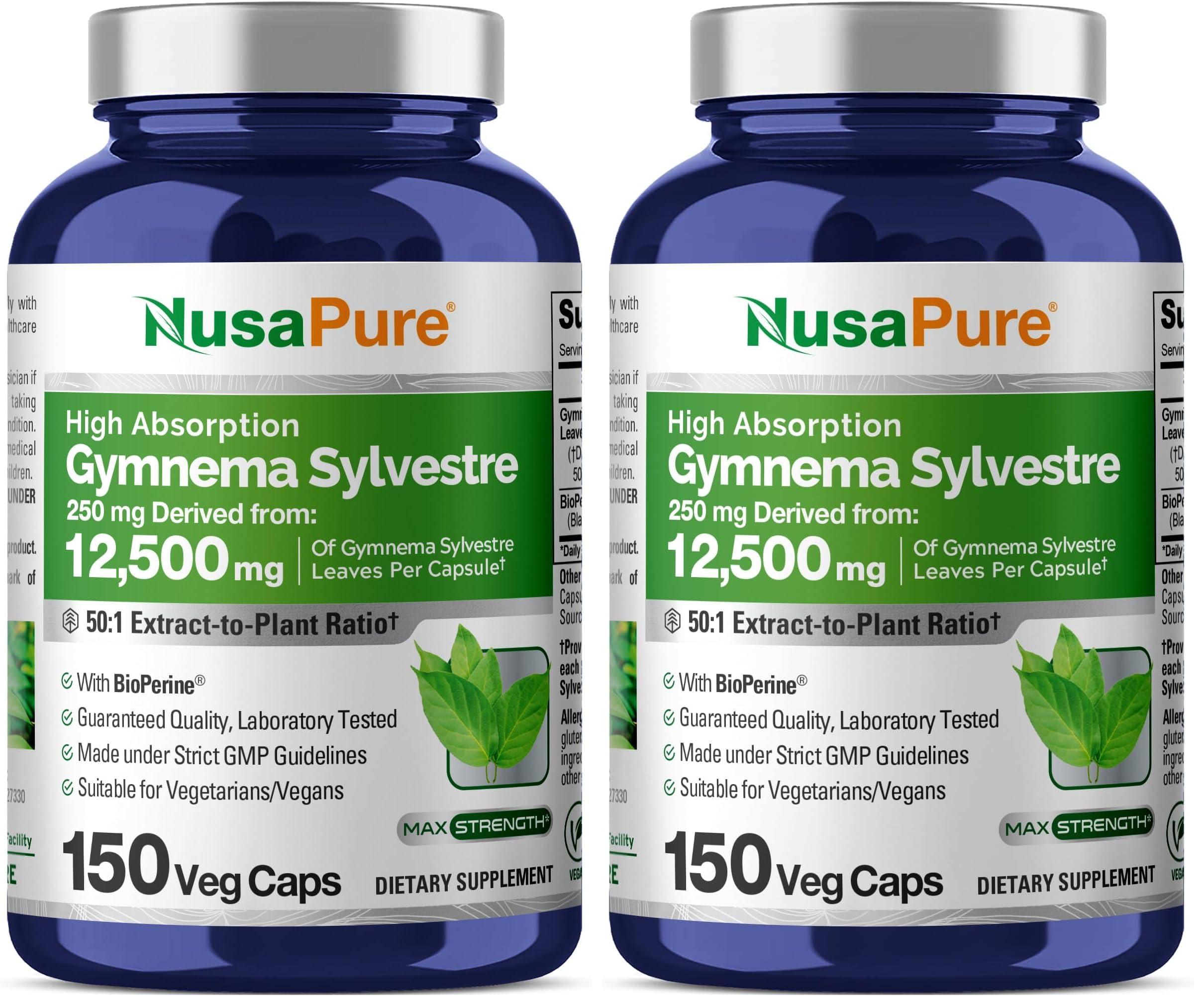 NusaPure Gymnema Sylvestre 50:1 extract per capsule Bioperine, 150-count, pack 2