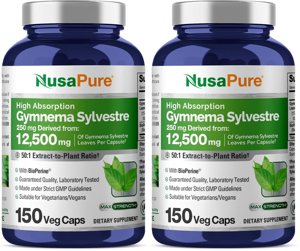 NusaPure Gymnema Sylvestre 50:1 extract per capsule Bioperine, 150-count, pack 2