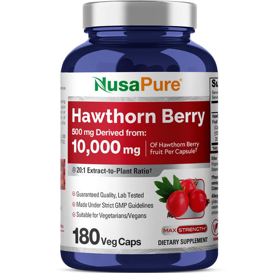 Bottle of NusaPure Hawthorn Berry 20:1 Extract with 500 mg per vegan capsule (180 caps).