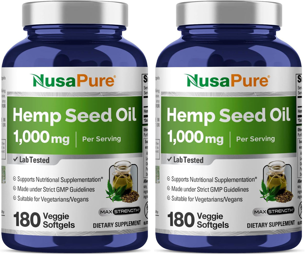 NusaPure Hemp Oil Capsules bottle with 1000mg per serving label
