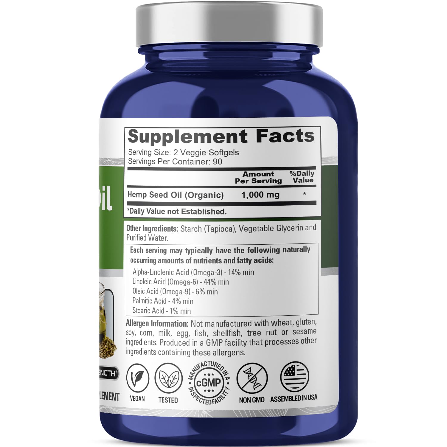 NusaPure hemp oil capsules bottle back label with 1000mg per serving.