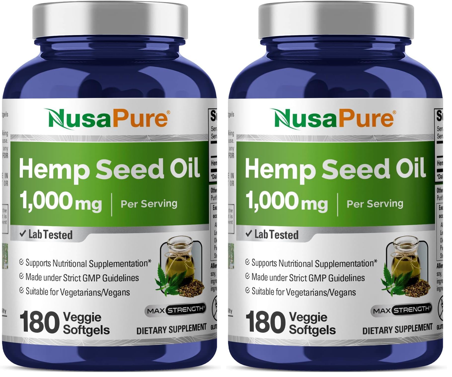 NusaPure hemp oil capsules bottle front for daily vegan wellness.