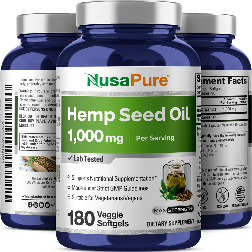 NusaPure hemp oil capsules packaging box showing capsules inside.