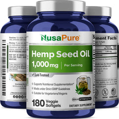 NusaPure hemp oil capsules packaging box showing capsules inside.