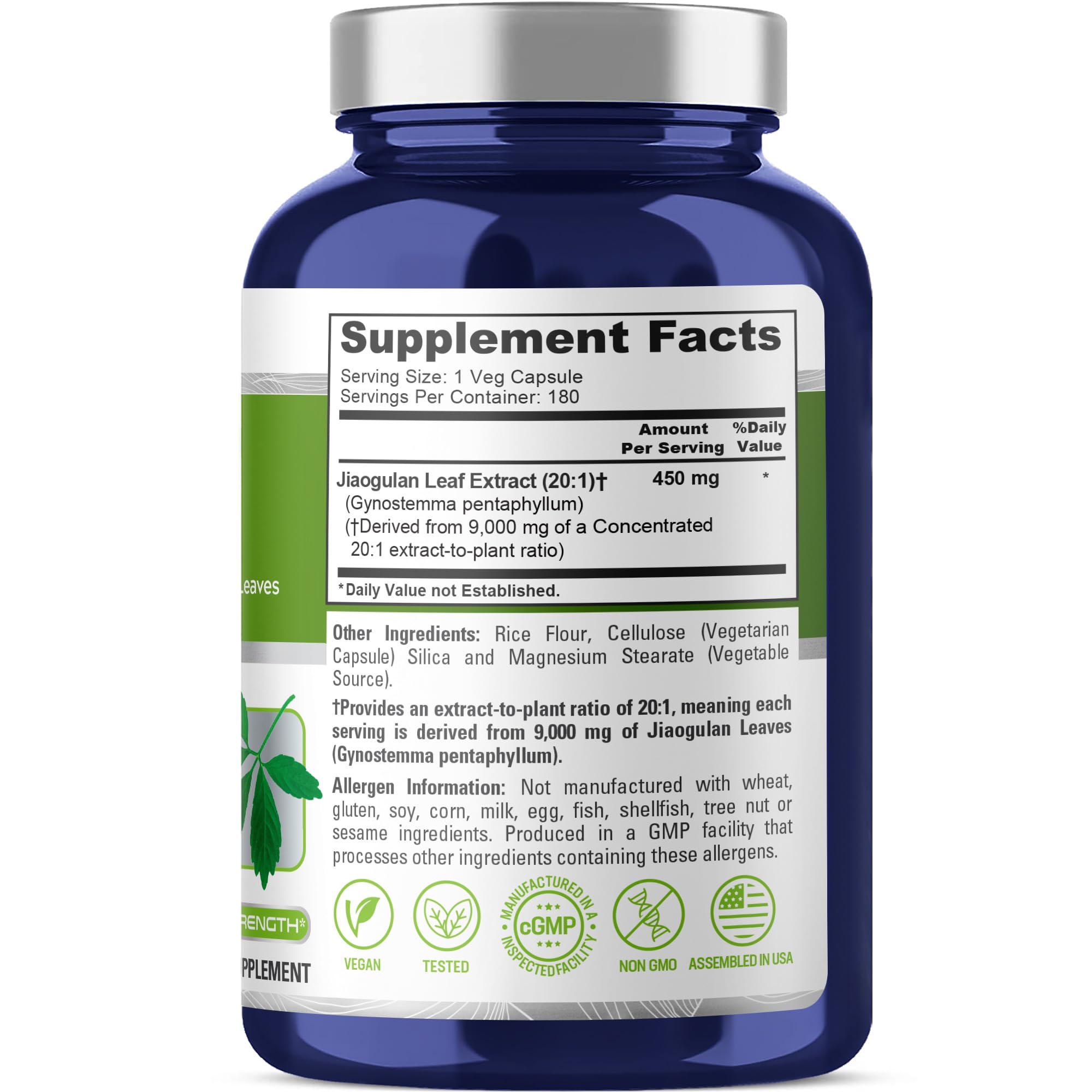 Bottle of 180 veggie capsules for Jiaogulan supplement