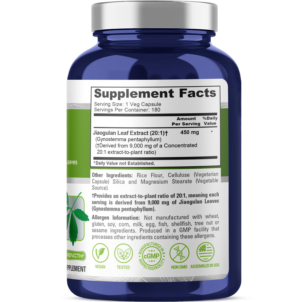 Bottle of 180 veggie capsules for Jiaogulan supplement