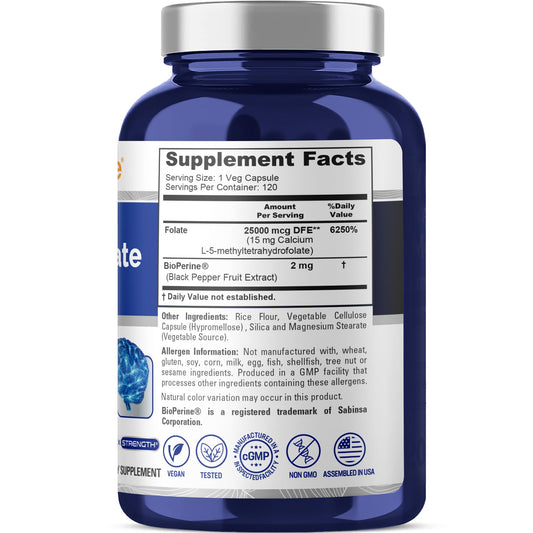 Close-up of L-Methylfolate 15mg and Bioperine wording on label