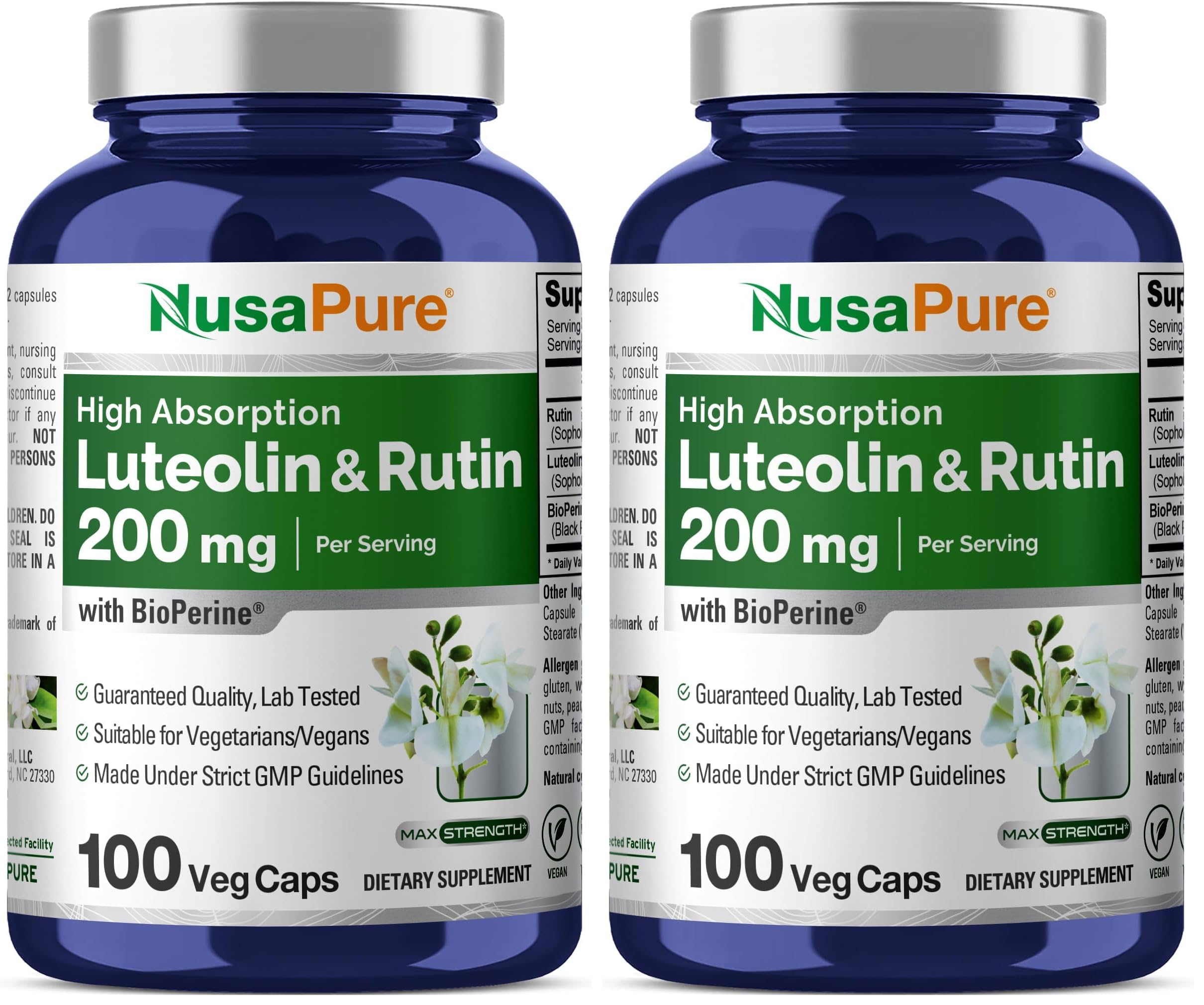 Front view of NusaPure Luteolin Complex with Rutin 200 mg bottle (Pack of 2)