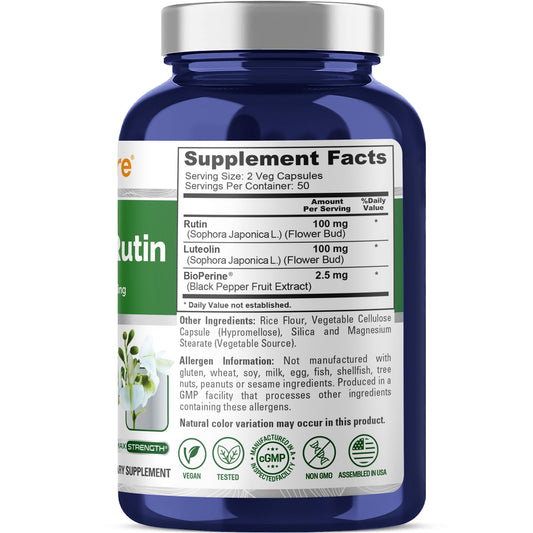 Close-up of Luteolin and Rutin 200 mg per serving on label