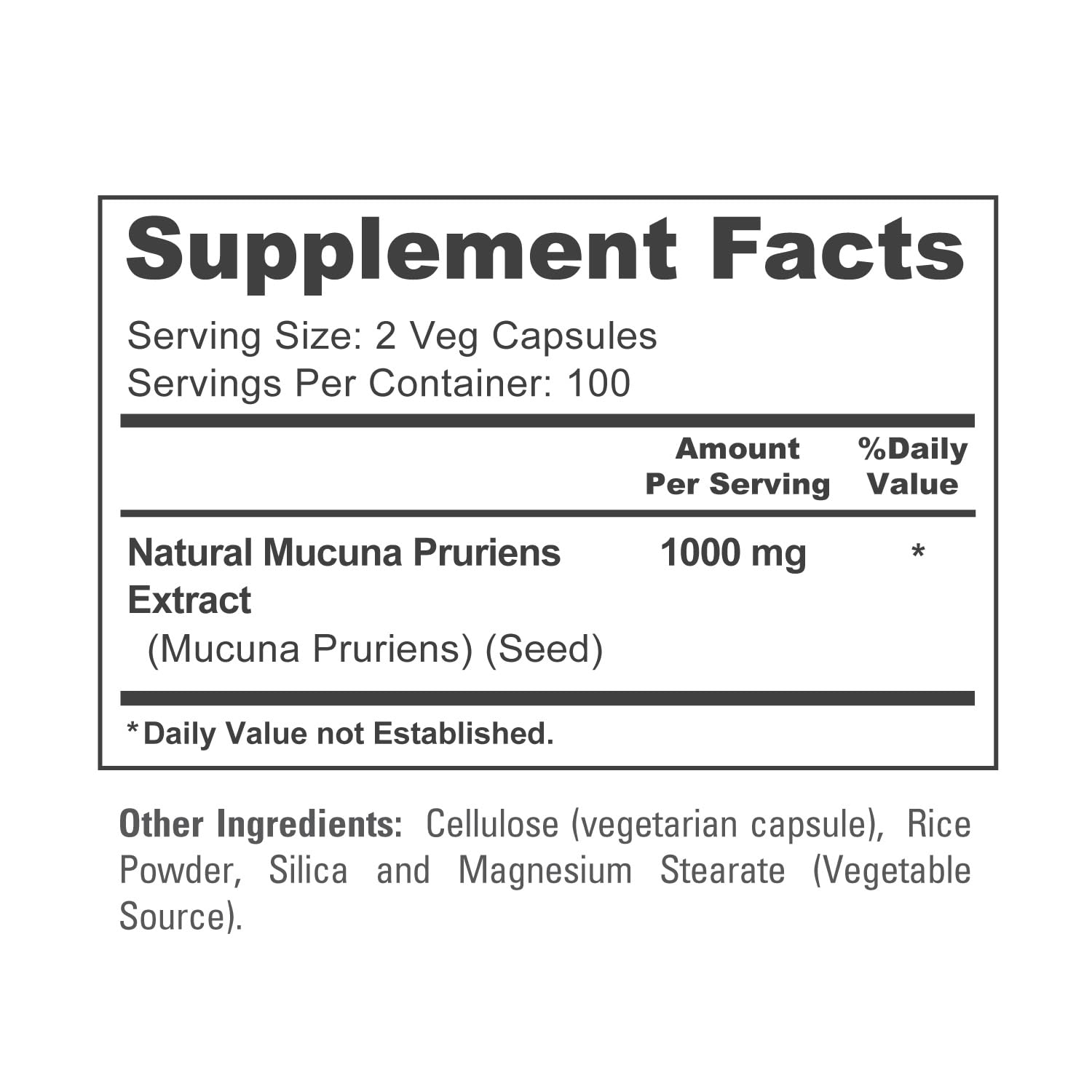 Supplement facts panel for Mucuna Pruriens 1000mg