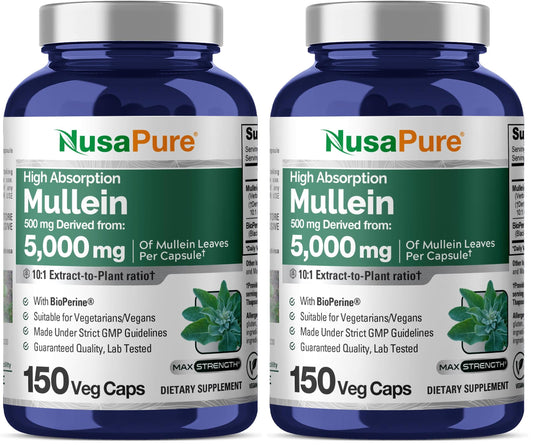 Front view of NusaPure Mullein Leaf Capsules 150-count Pack of 2
