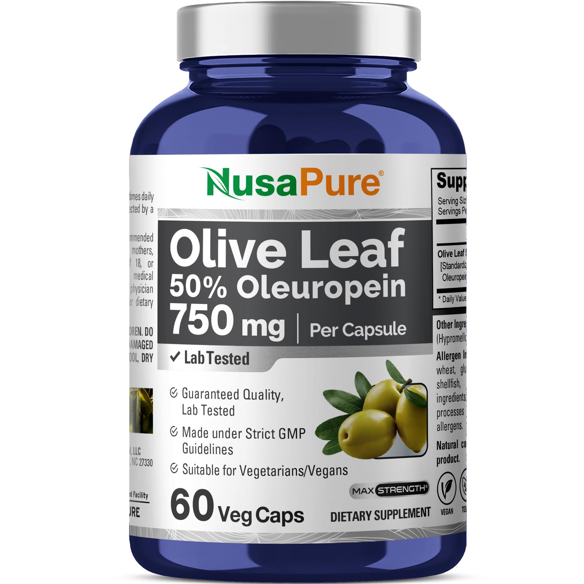 NusaPure Olive Leaf Extract bottle label showing 750 mg and 50% oleuropein