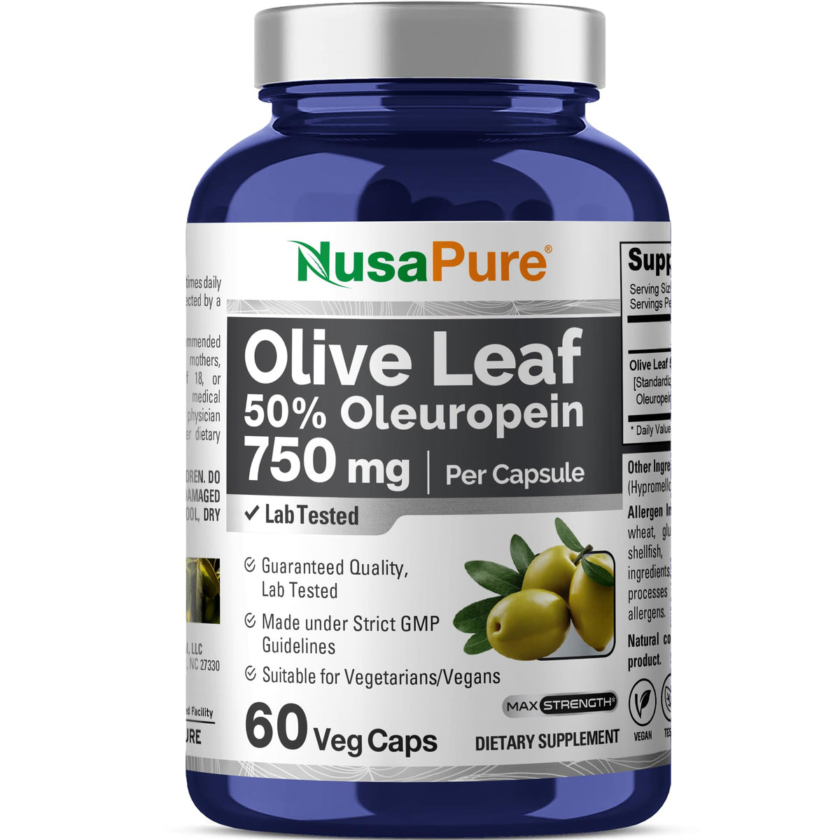 NusaPure Olive Leaf Extract bottle label showing 750 mg and 50% oleuropein