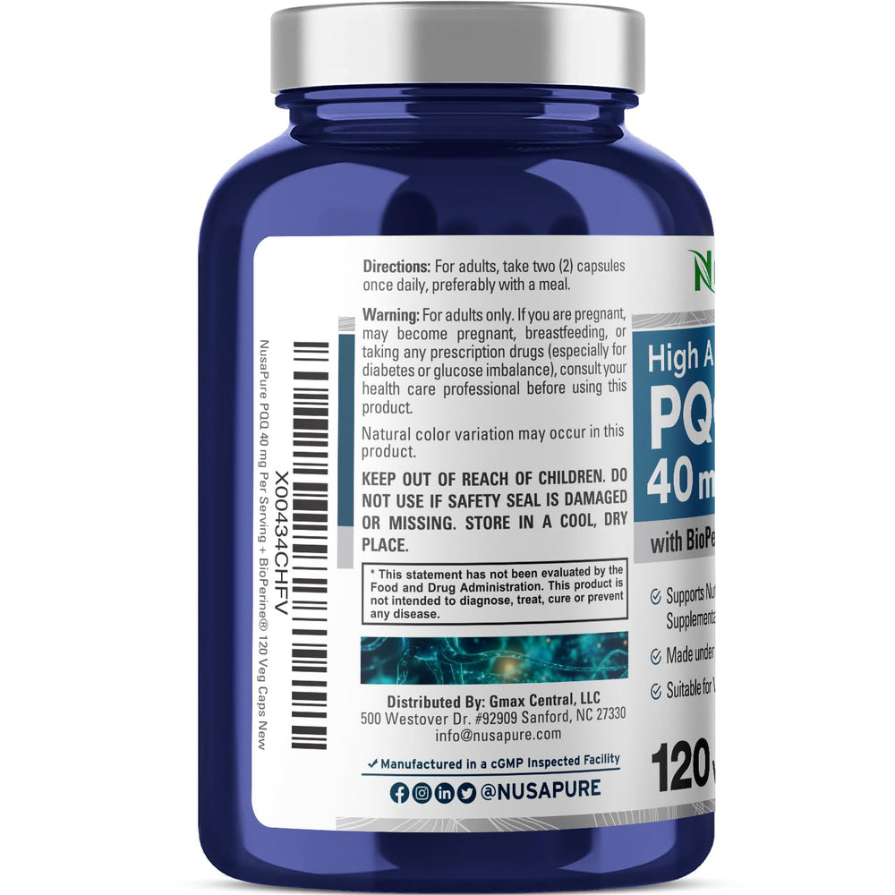 Back label on NusaPure PQQ bottle showing ingredients and dosage