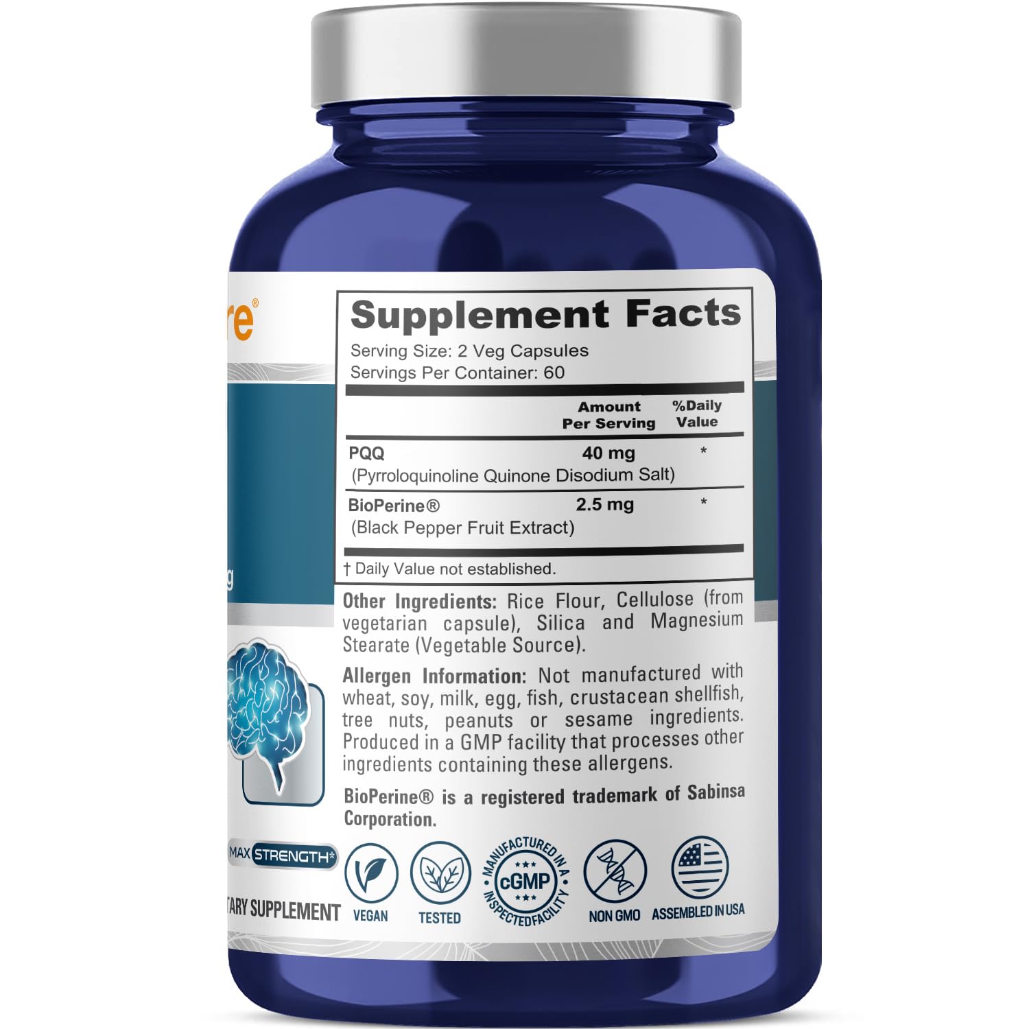 Front view of NusaPure PQQ 40 mg bottle