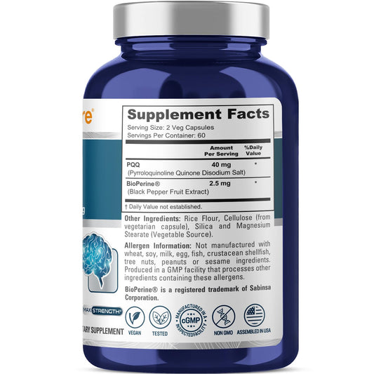 Front view of NusaPure PQQ 40 mg bottle