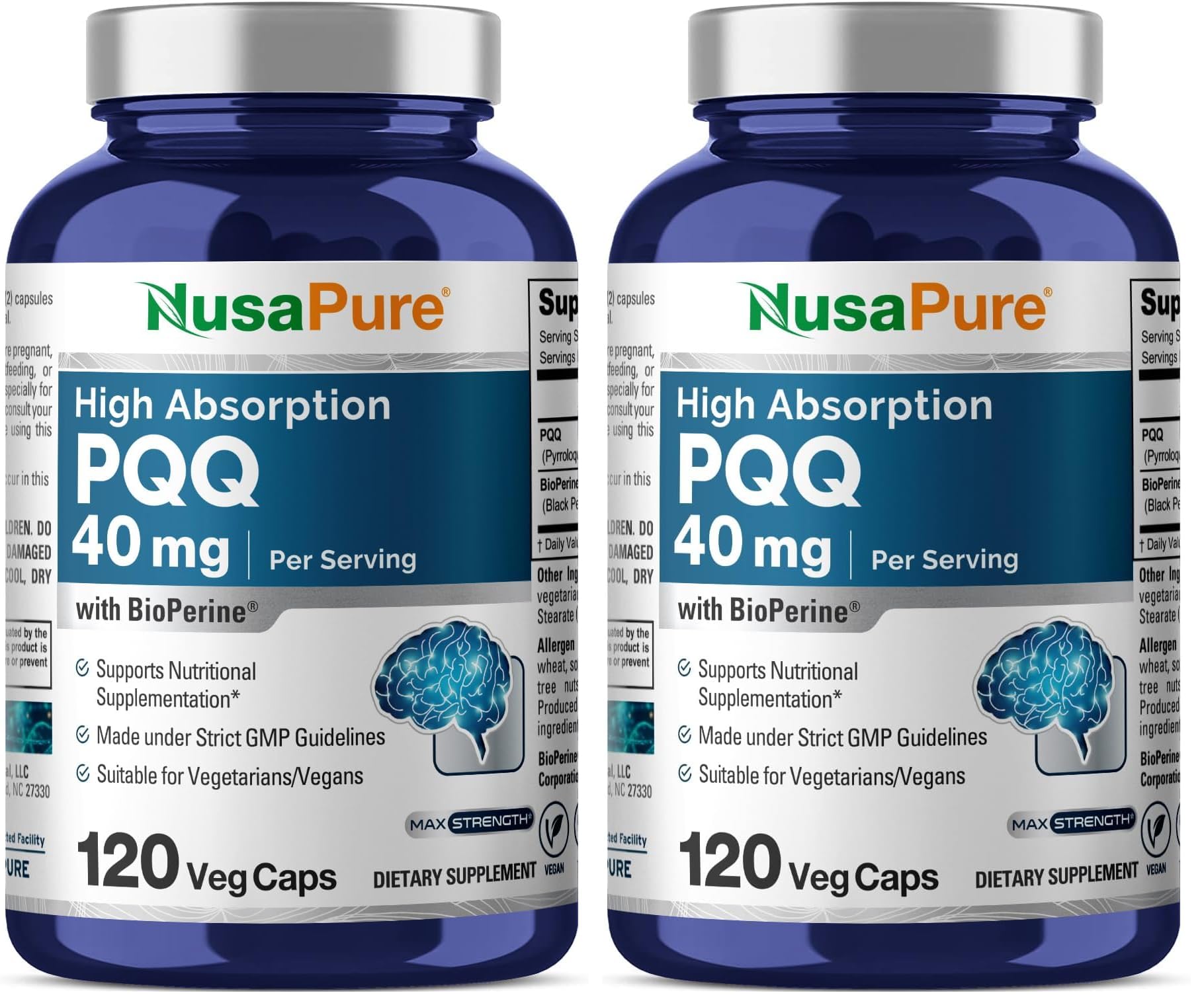 NusaPure PQQ 40 mg bottle hero image with 120 veggie capsules Pack of 2