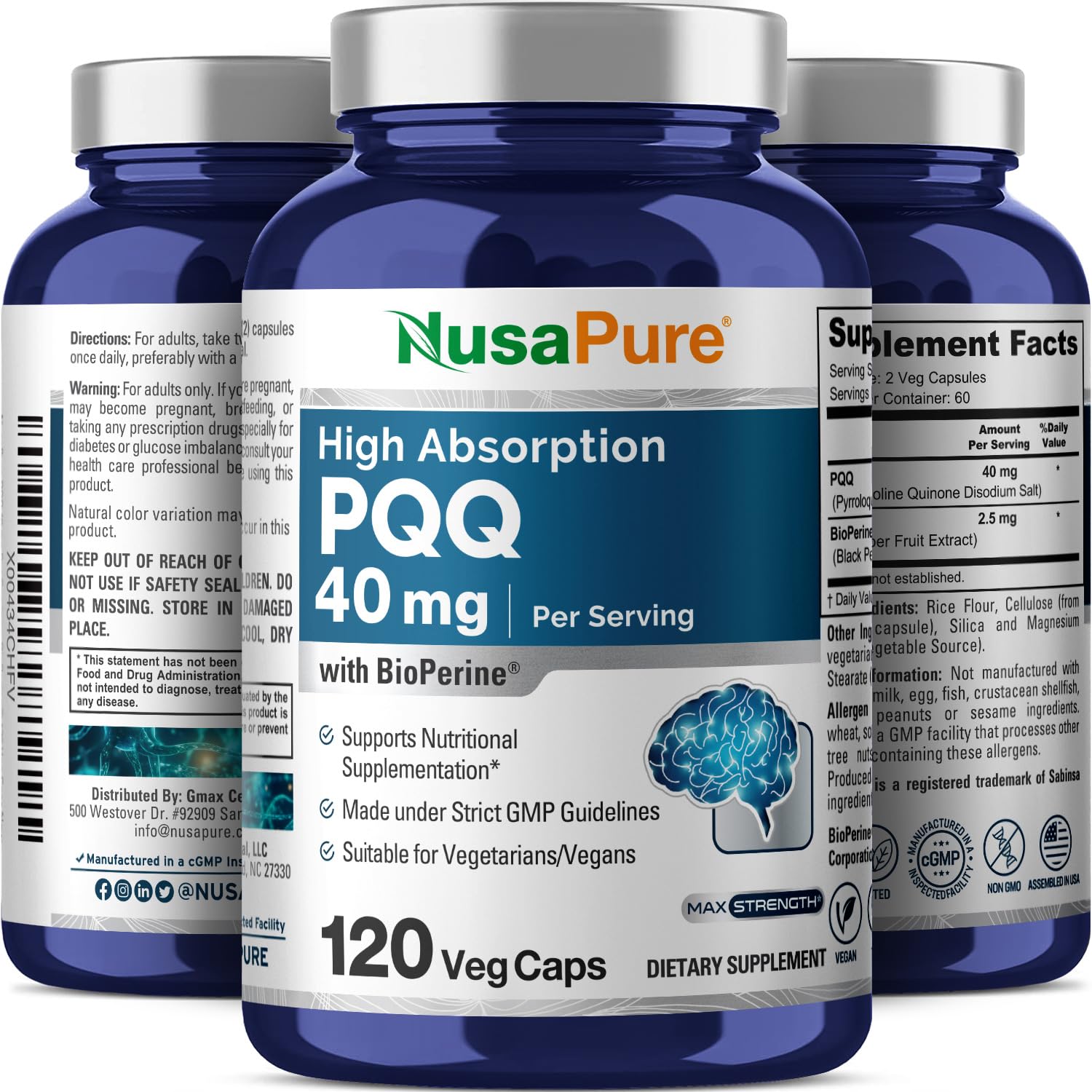 Nutrition facts panel for NusaPure PQQ 40 mg Pack of 2