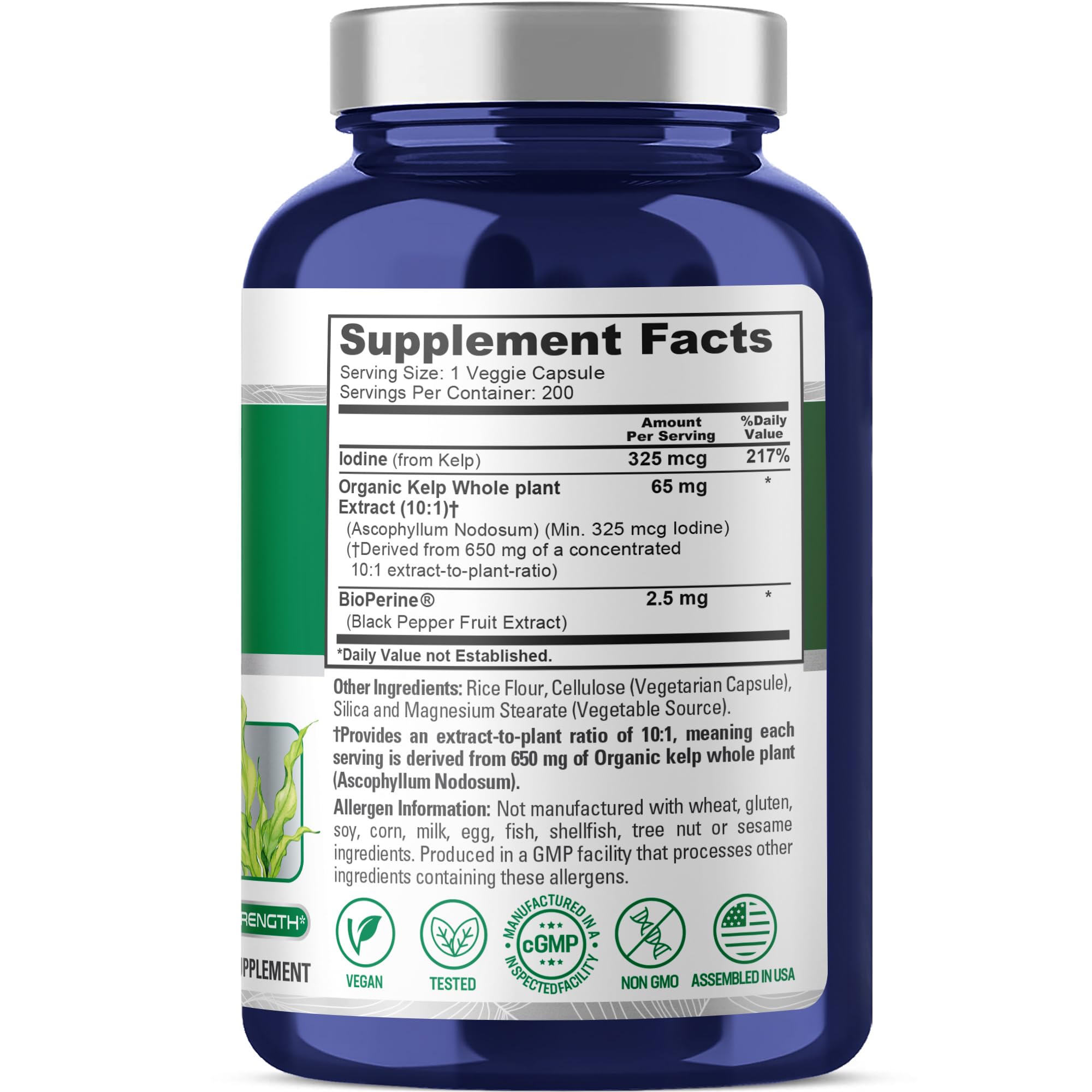 Sea kelp iodine capsule close-up showing 650 mg equivalent