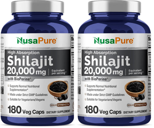 Close-up of NusaPure Shilajit 20,000mg per serving label