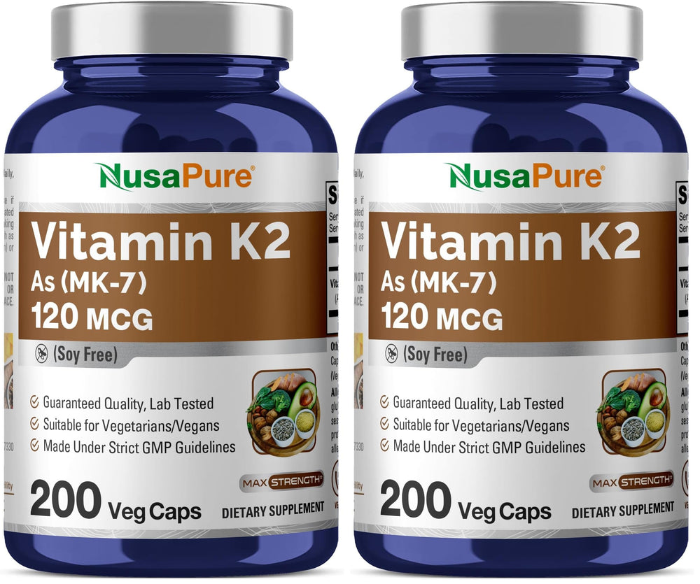 NusaPure Vitamin K2 MK-7 bottle showing 120 mcg per capsule for daily use.