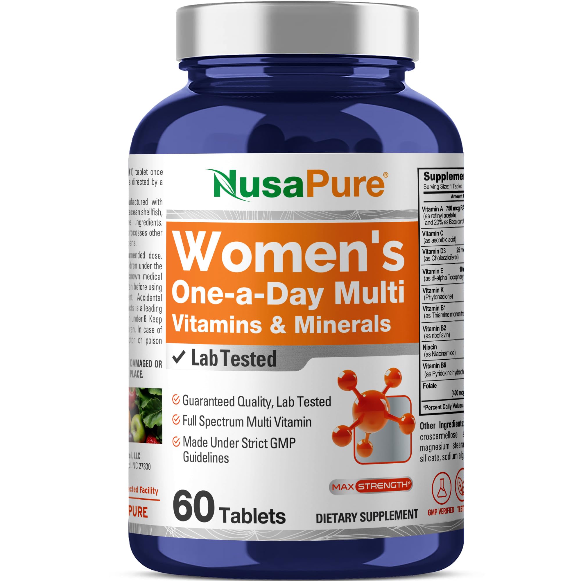 Bottle label for NusaPure Women's One-a-Day Multi Vitamins & Minerals - 60 tablets