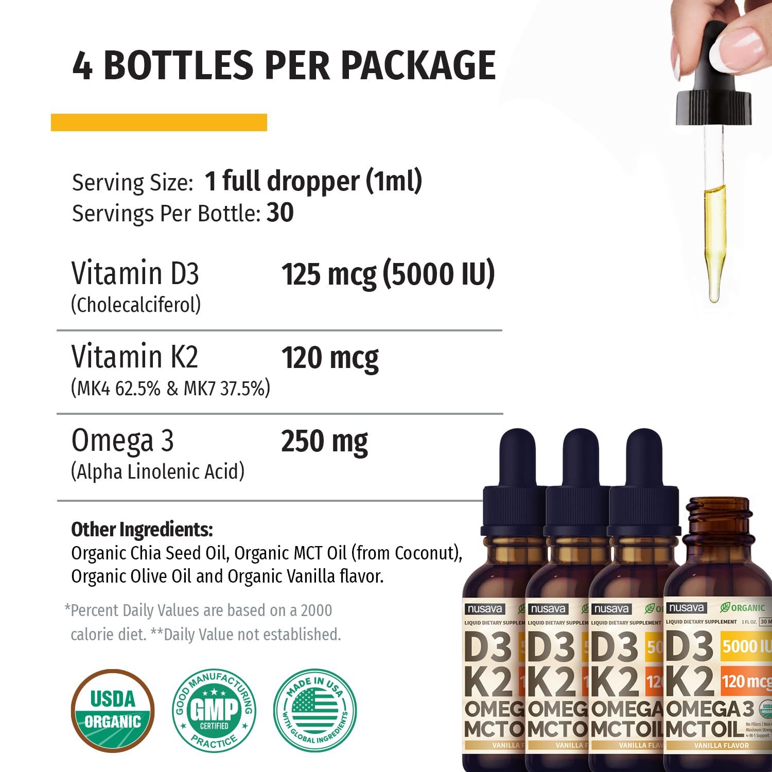 Four-pack box of NUSAVA D3 K2 drops for convenient daily use.