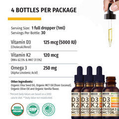 Four-pack box of NUSAVA D3 K2 drops for convenient daily use.
