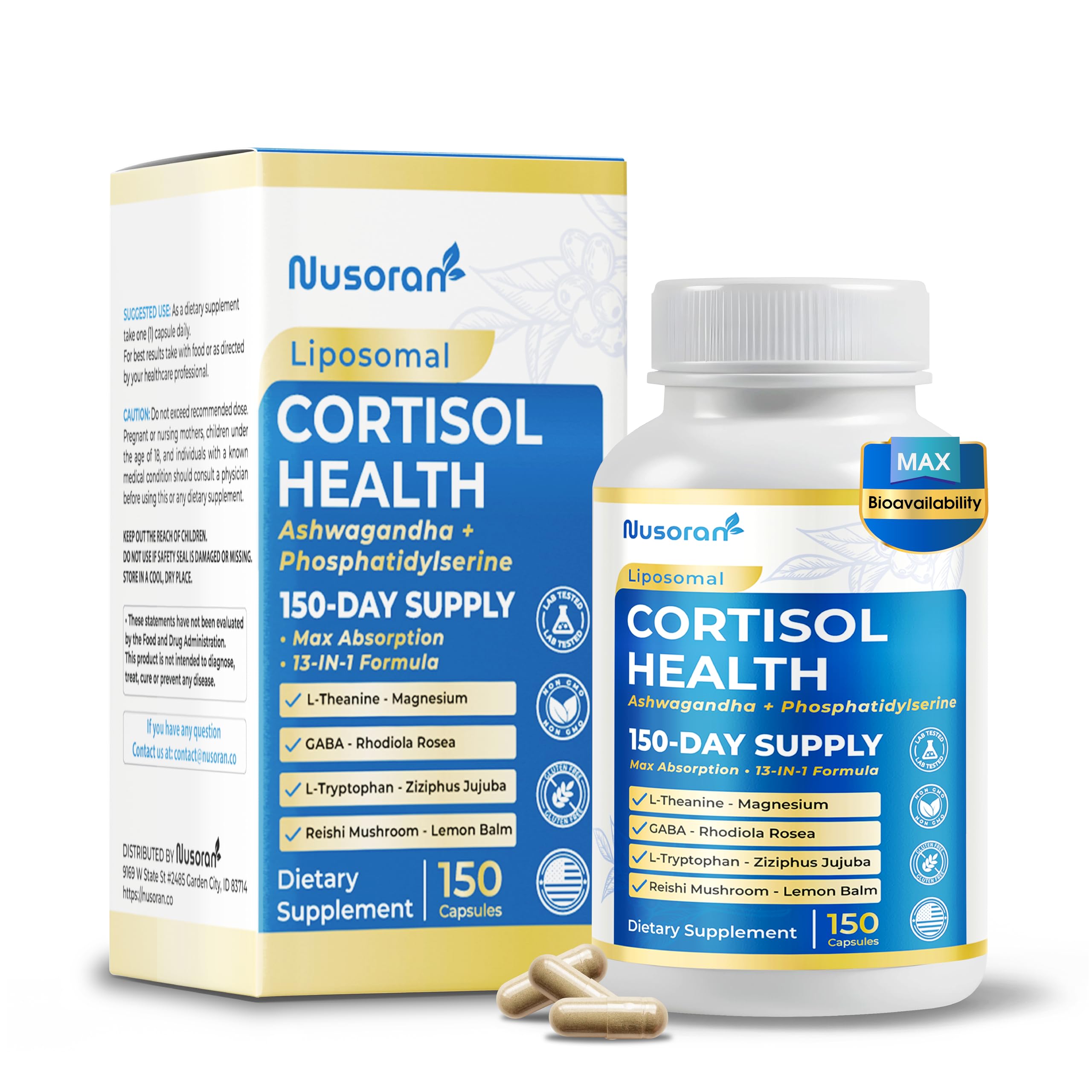 Front view of NUSORAN Ultra Cortisol Health bottle with 150 capsules
