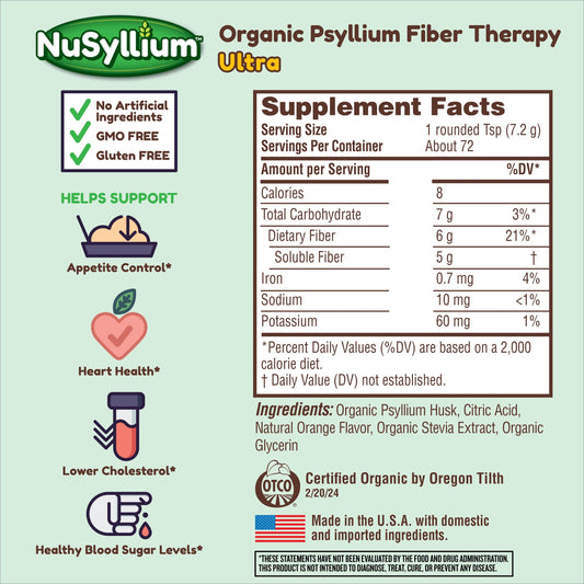 Close-up of Organic Psyllium per dose label