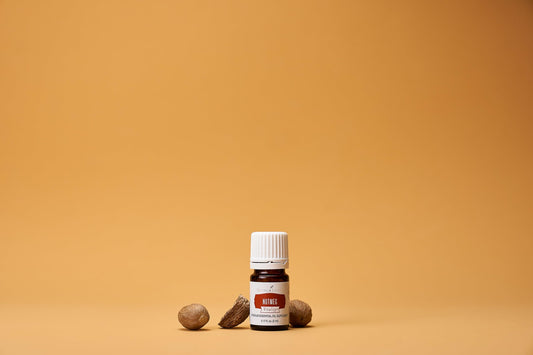 Young Living Nutmeg Vitality bottle label closeup shows premium-quality cooking oil.