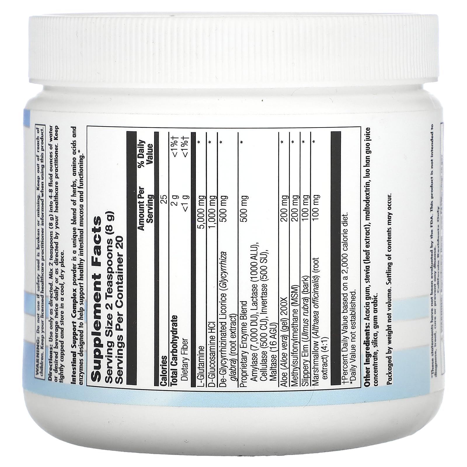 Ingredient blend of Nutra BioGenesis Intestinal Support Complex including L-glutamine, slippery elm, marshmallow, and licorice