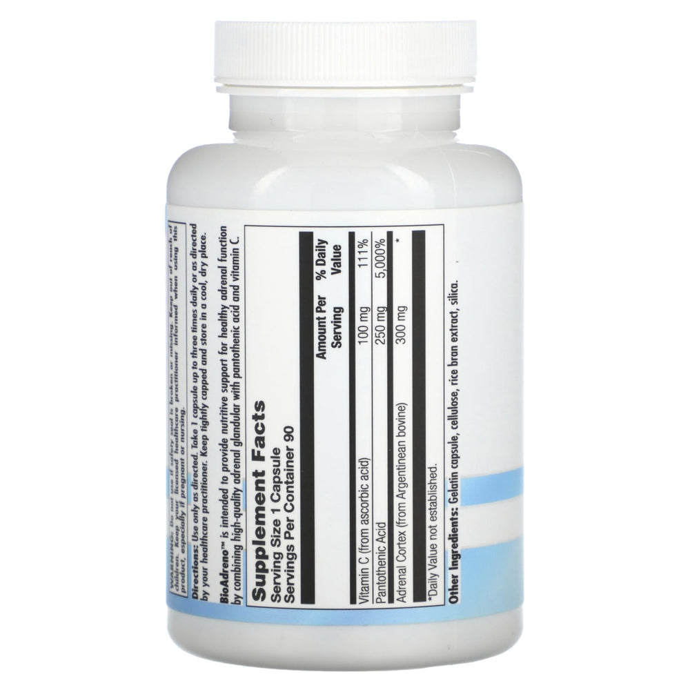 Close-up of BioAdreno capsules and bottle showcasing adrenal support formula