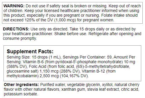 Close-up of Methyl Factors bottle label showing vitamin B12 and folic acid