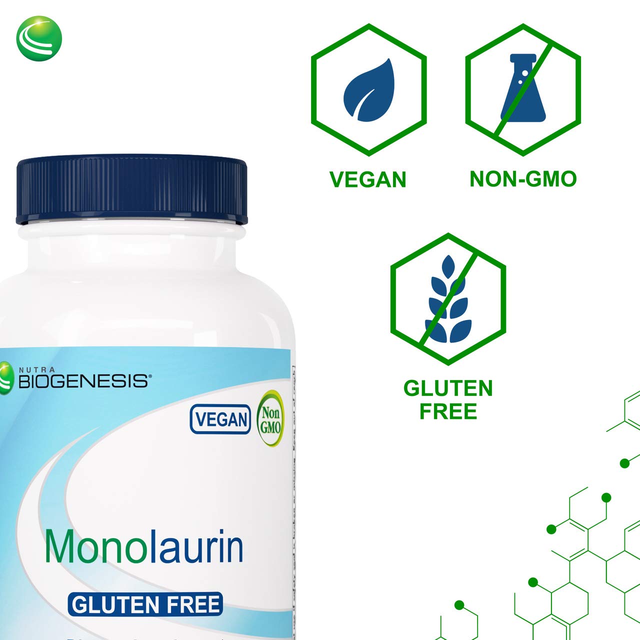 Vegan Nutra Biogenesis Monolaurin capsules on white background