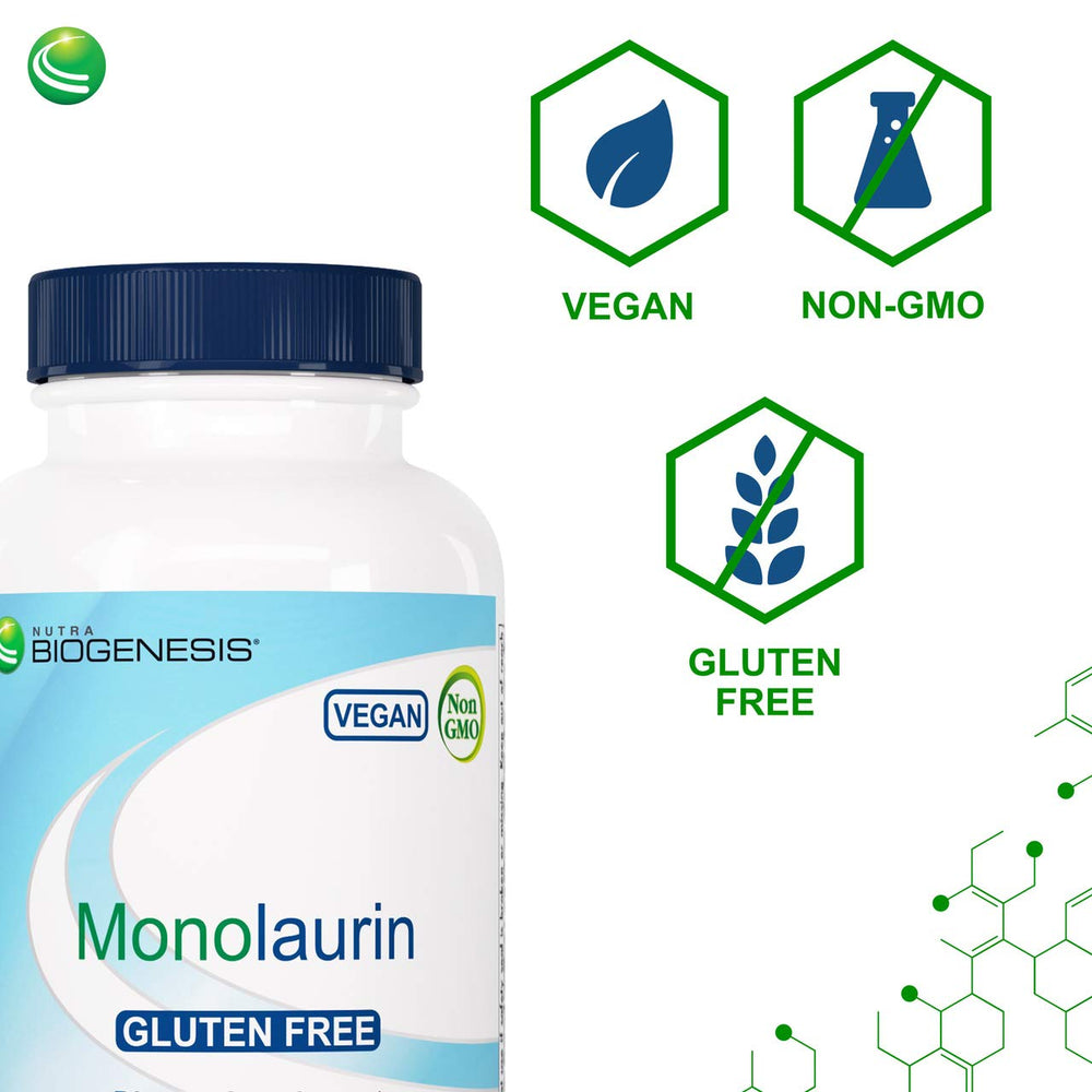 Vegan Nutra Biogenesis Monolaurin capsules on white background