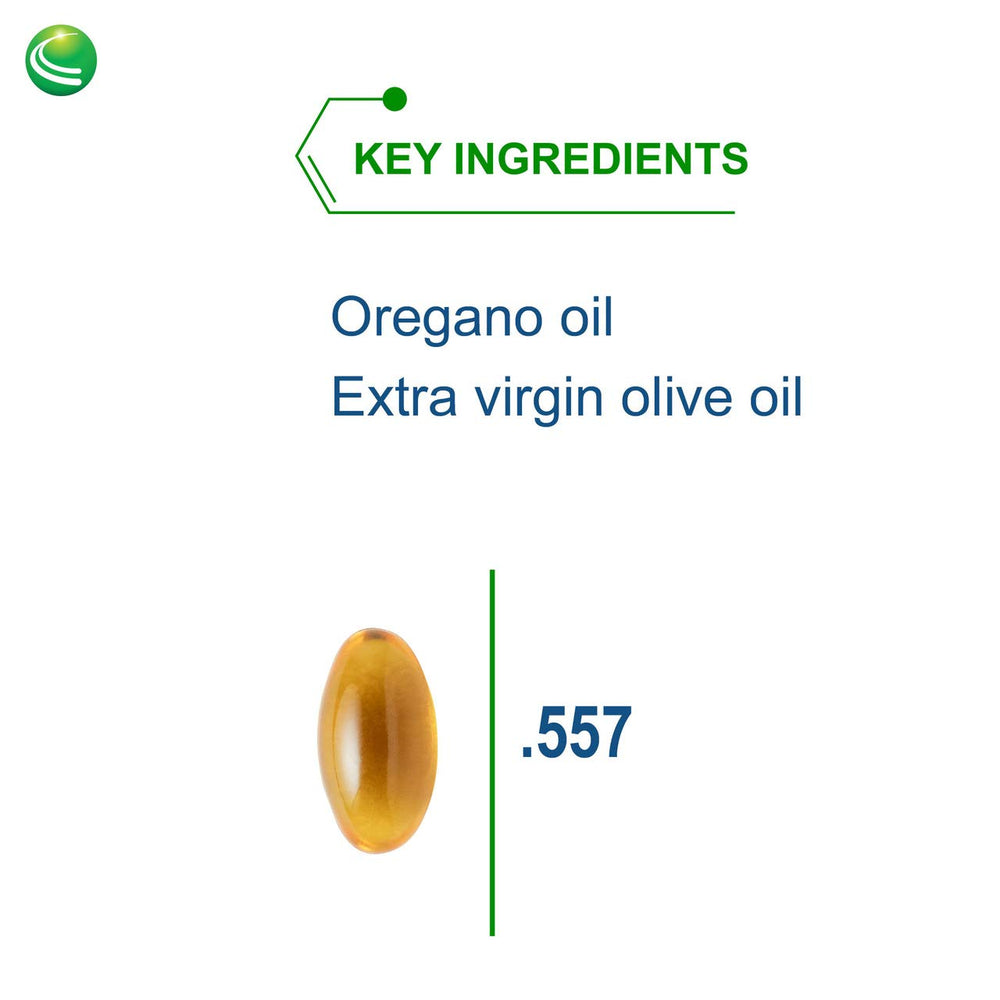 Bottle label highlighting natural oregano extract and carvacrol content