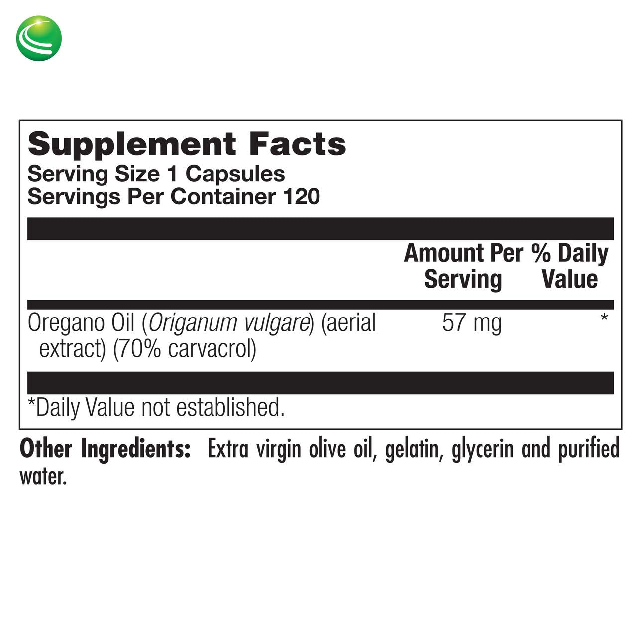Back of bottle nutrition facts for oregano oil softgels