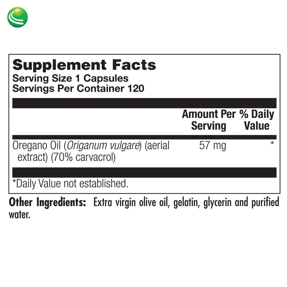 Back of bottle nutrition facts for oregano oil softgels