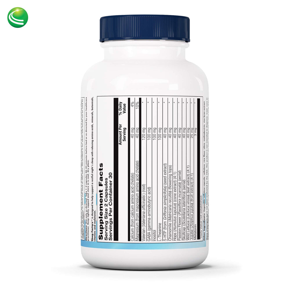 Close-up of Sleep Factors bottle showing product label