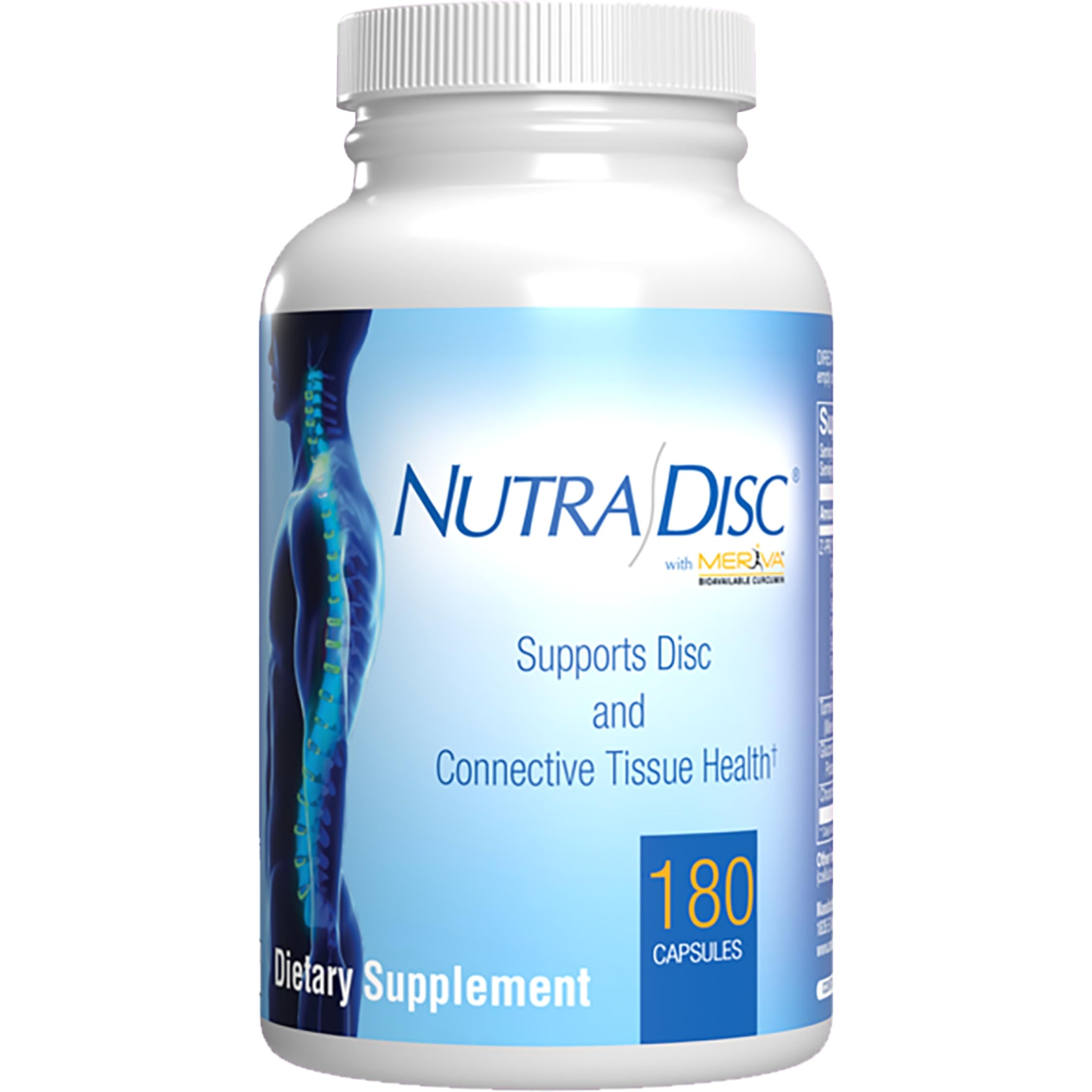 Nutra Disc & Joint Support bottle label highlighting Meriva Curcumin, Glucosamine and Chondroitin