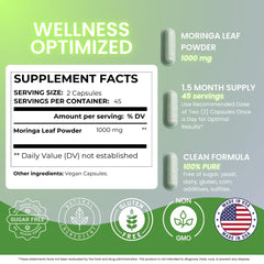Nutrition facts panel for Nutra Guru Moringa Capsules