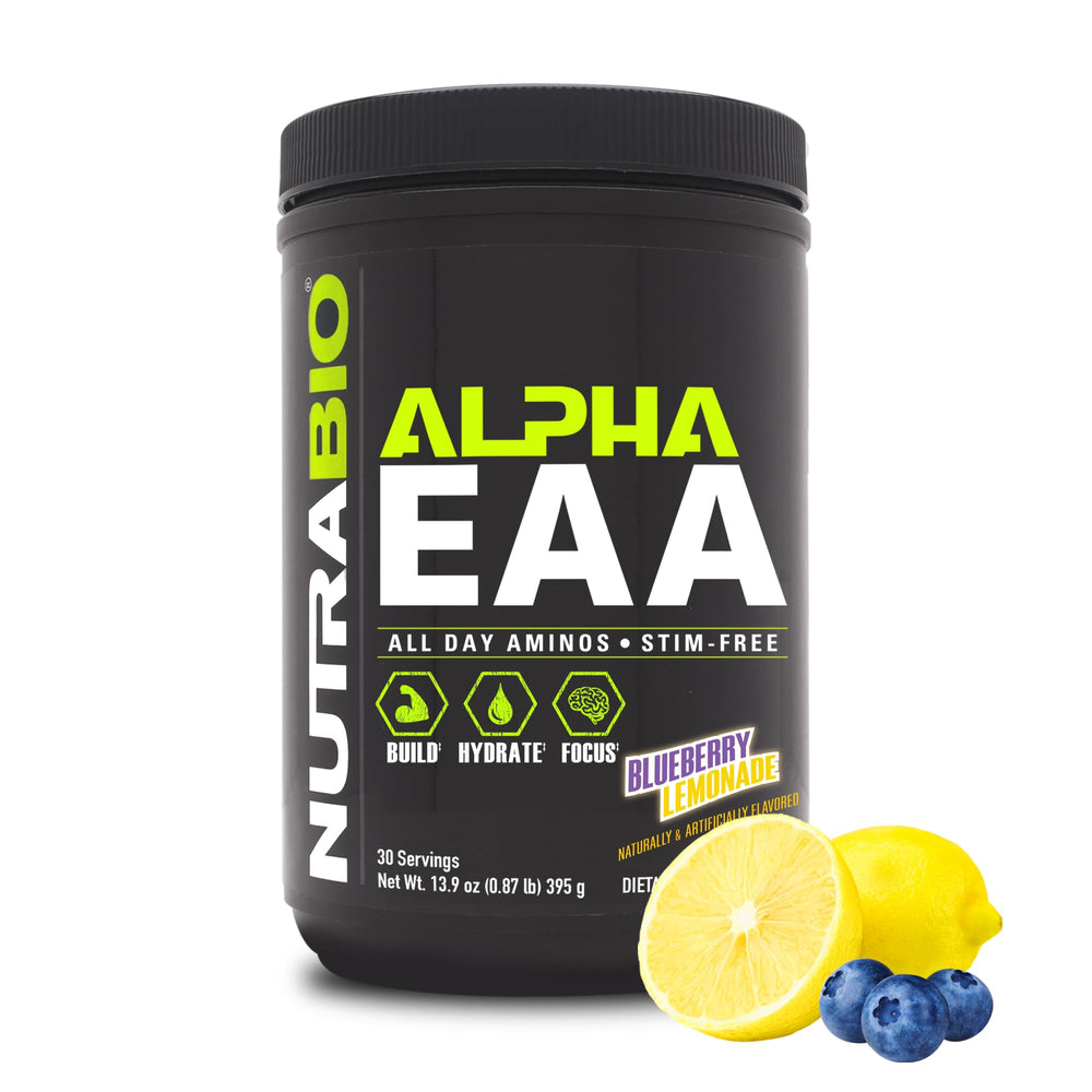 NutraBio Alpha EAA Blueberry Lemonade bottle on counter ready for hydration during workout