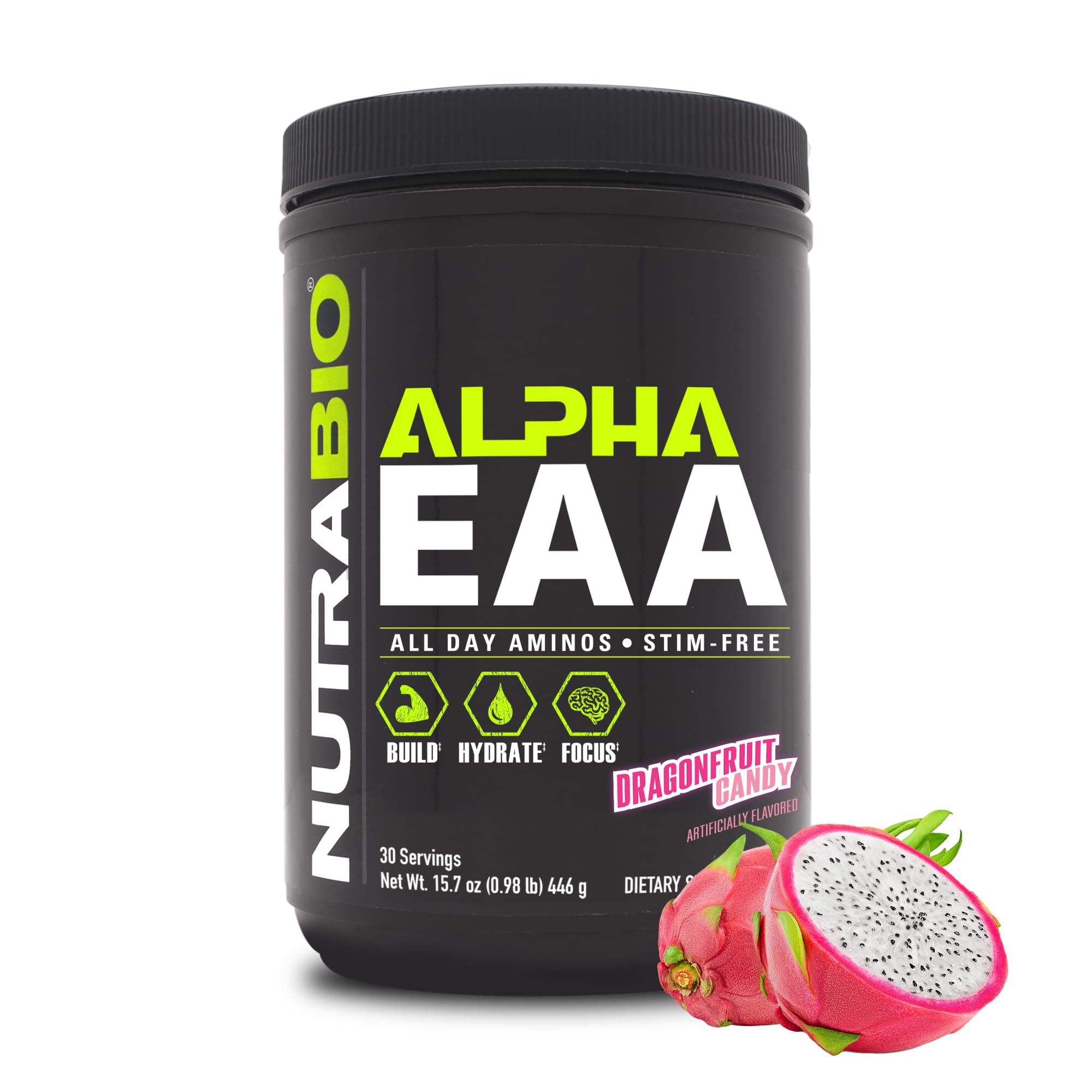 NutraBio Alpha EAA dragon fruit bottle for recovery and hydration.