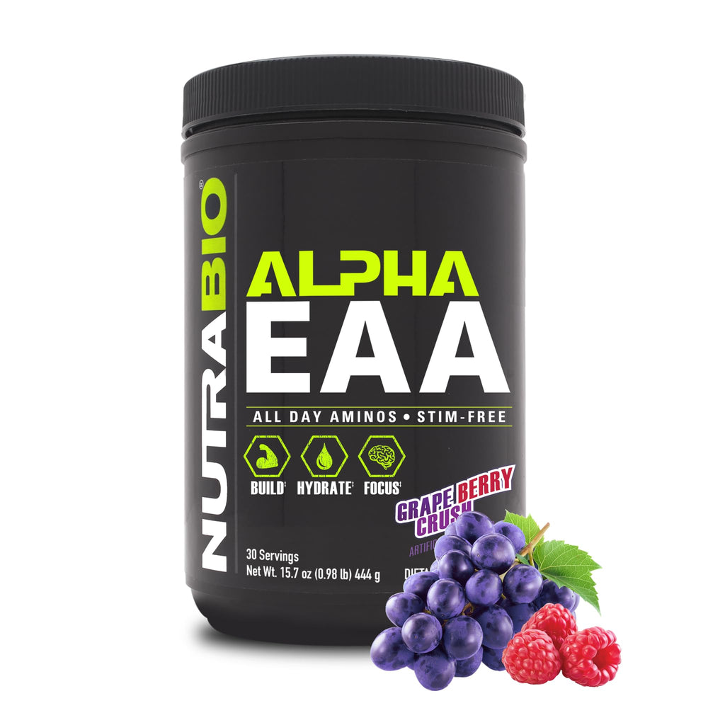 Front label of NutraBio Alpha EAA in Grape Berry Crush flavor