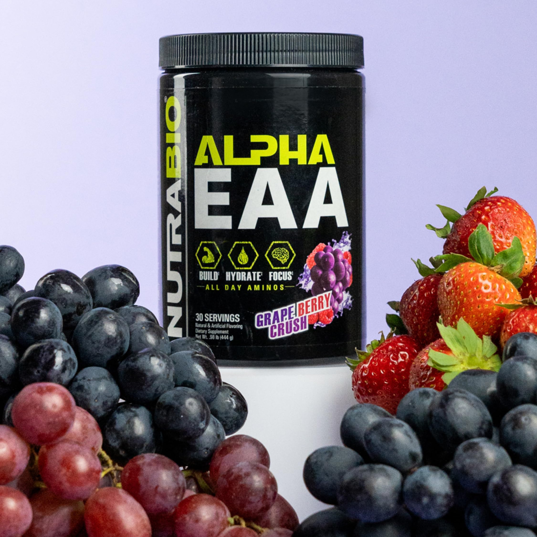 NutraBio Alpha EAA grape-berry-crush label signals flavor and transparency
